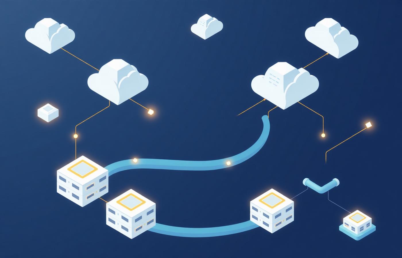 Isometric diagram of servers connected to cloud services through data pipelines and integration points