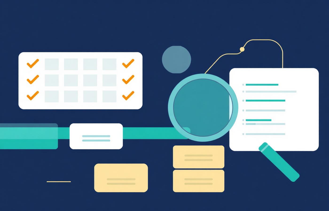 Illustration of a testing workflow with completed checklists, a magnifier inspecting a report and a delivery pipeline