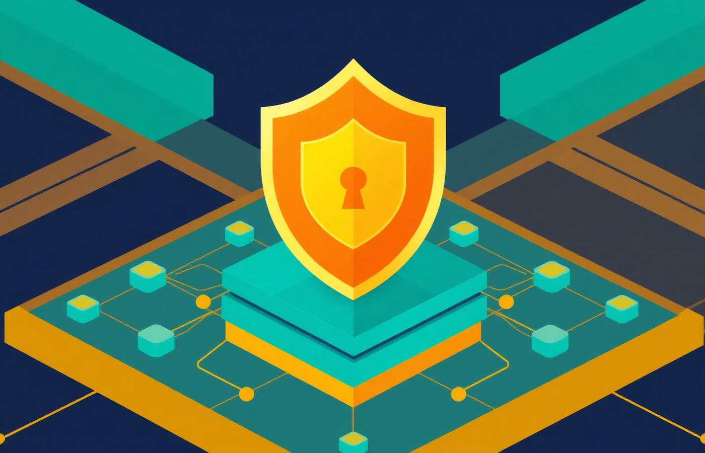 Illustration of a protective shield above a layered platform connected to secured network nodes